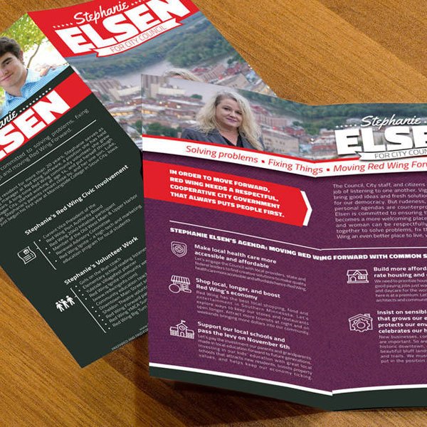 Local political graphic design example shown as a commercial printing fold over rack card.